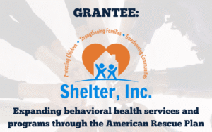 Shelter Youth & Family Services logo and text that reads Grantee: Expanding behavioral health services and programs through the American Rescue Plan